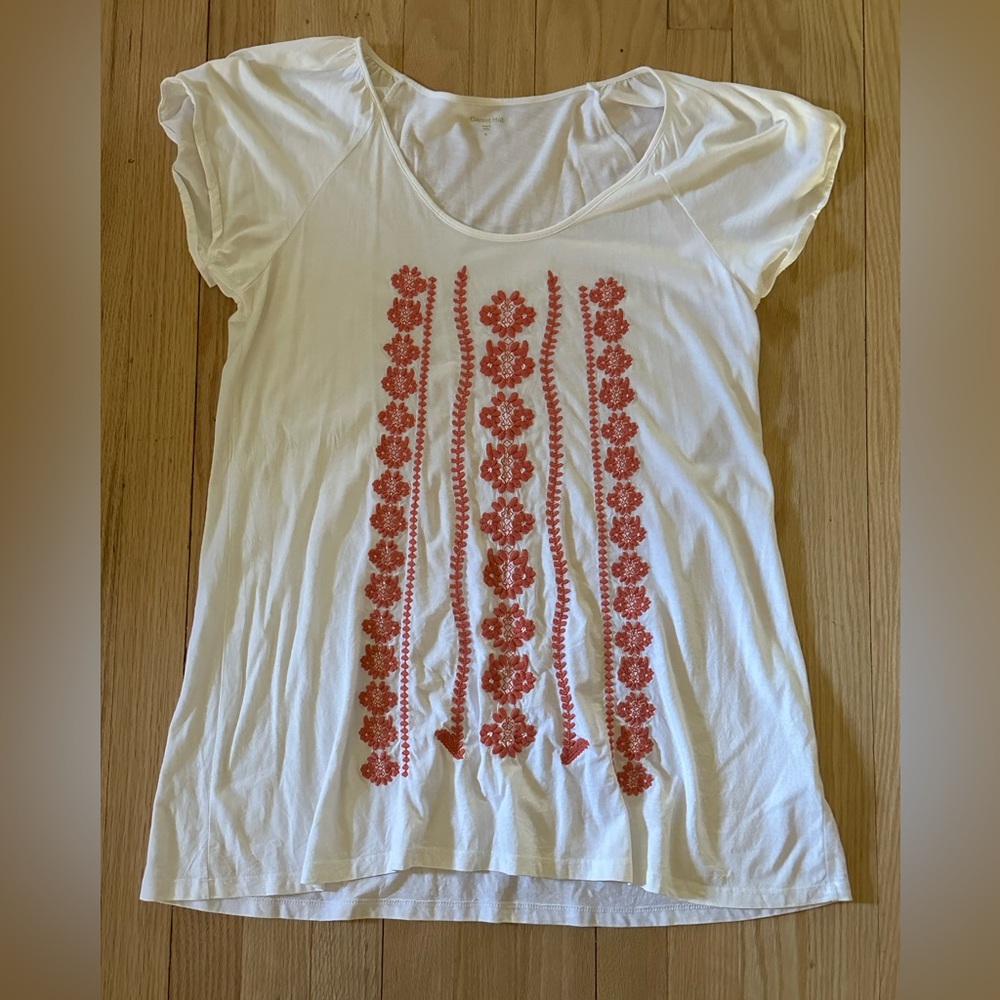Garnet Hill Embroidered Cap-Sleeved Knit Tunic Top, White/Pink, Size S